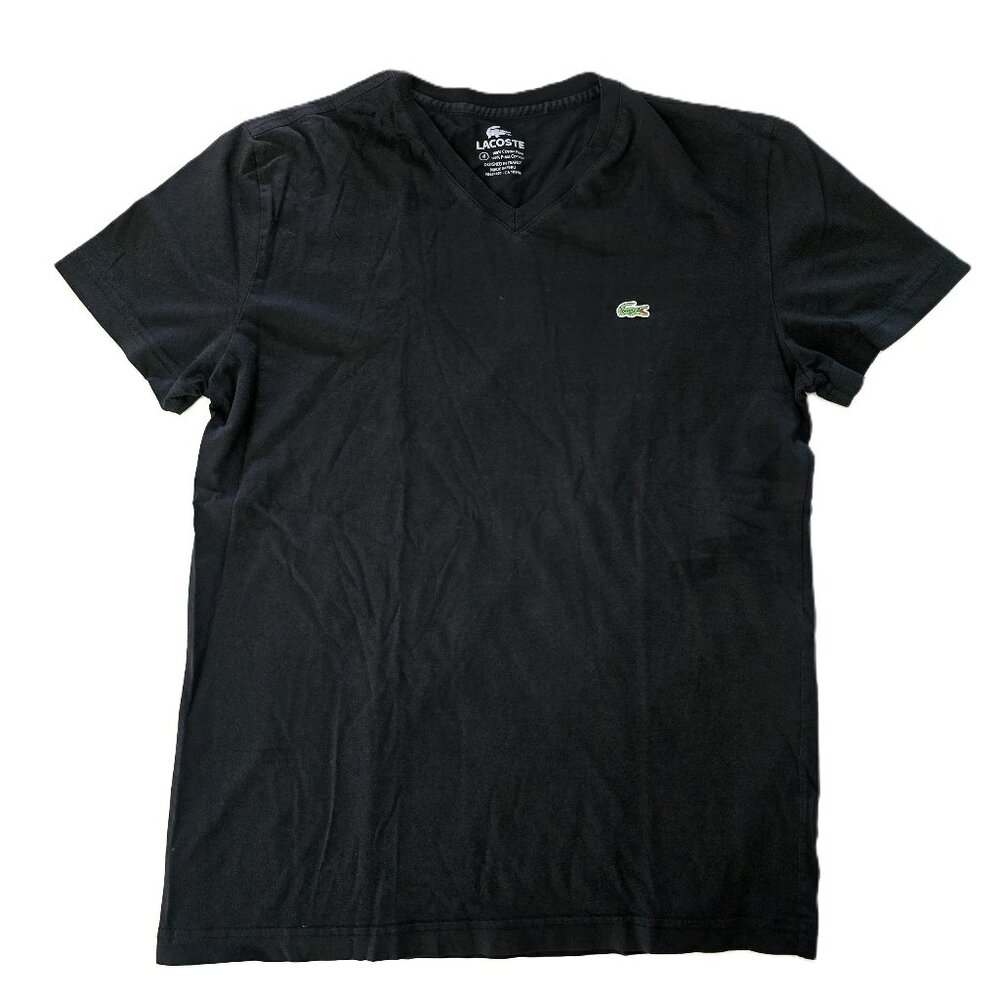 Lacoste Men’s Black V-Neck T-Shirt - Size 4 (Medium) Lightweight Cotton